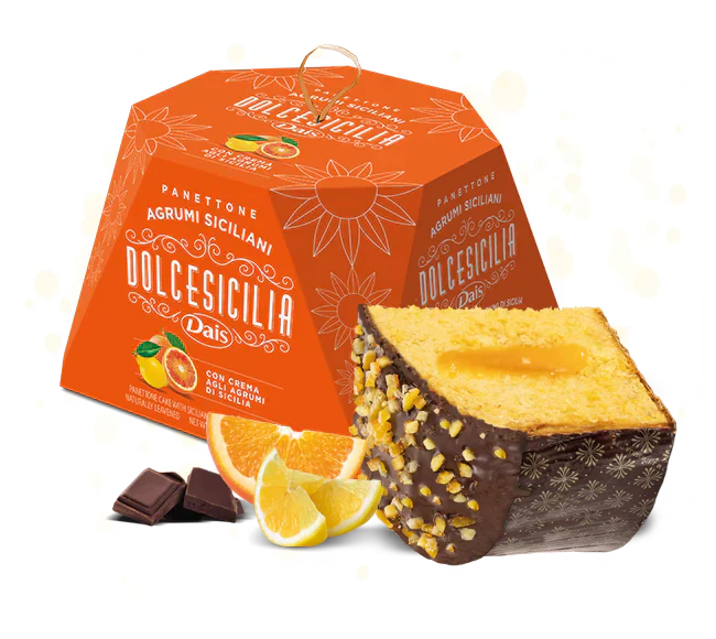 DAIS. Panettone "AGRUMI SICILIANI" farcito agli agrumi e ricoperto al cacao 800gr