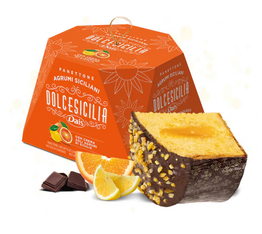 DAIS. Panettone "AGRUMI SICILIANI" farcito agli agrumi e ricoperto al cacao 800gr